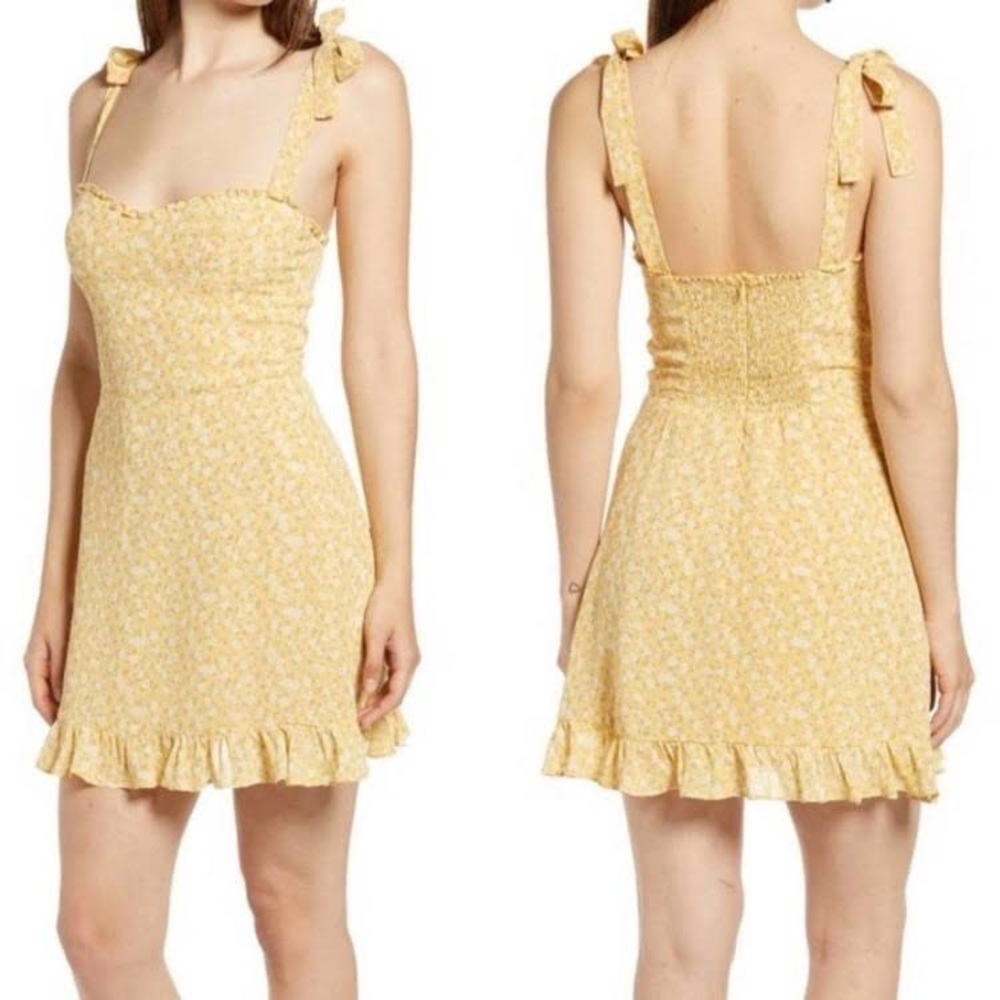 Reformation Christine Yellow Tie Strap Floral Mini Dress